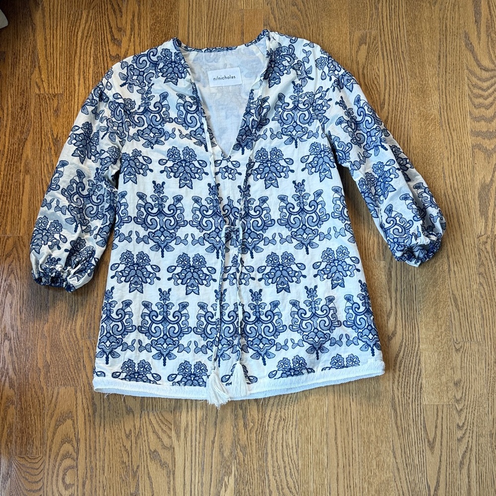 NICHOLAS White and Blue Embroidered Tie-Front Peasant Top